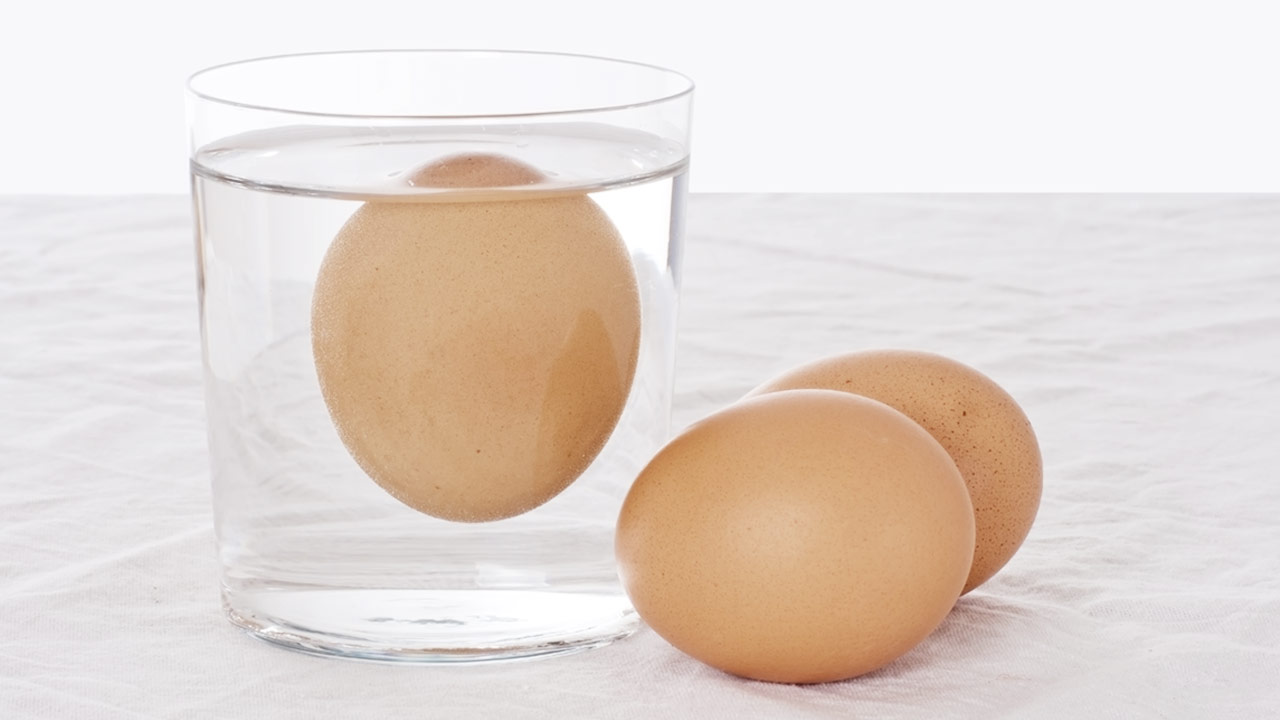 Ein Ei schwimmt in einem Wasserglas.