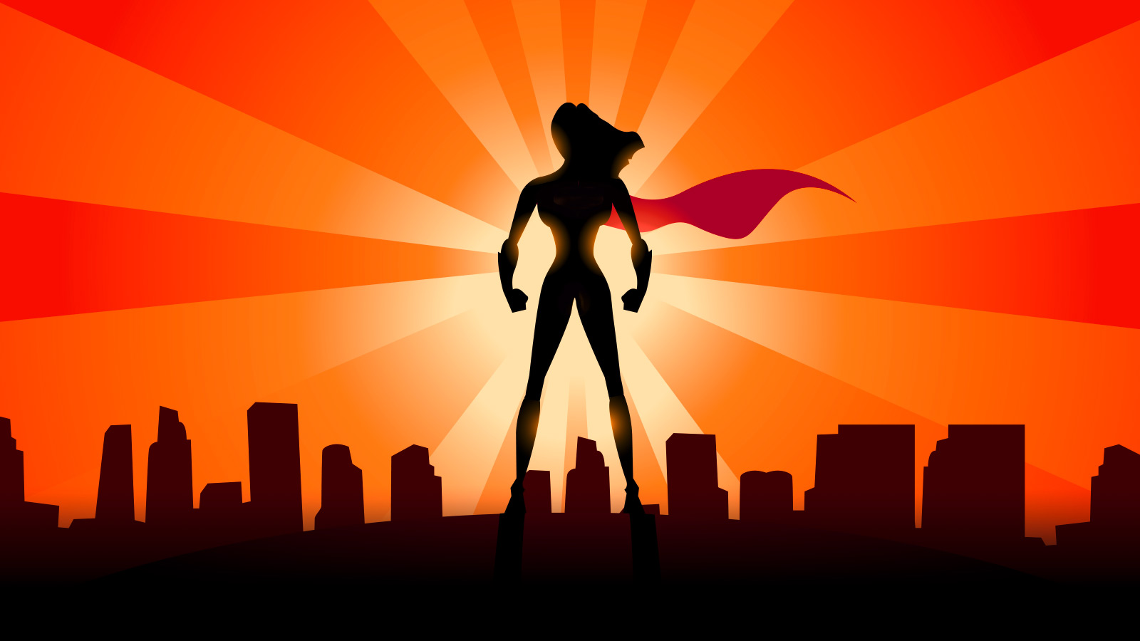 Strahlende Superwoman steht in kraftvoller Pose über der Stadt.