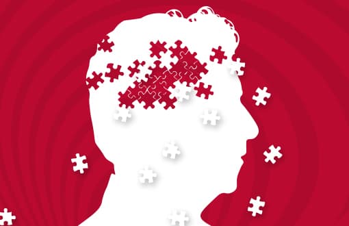 Männliche Silhouette eines Kopfes, die Lücken in Form von Puzzleteilen im Bereich des Gehirns aufweist.